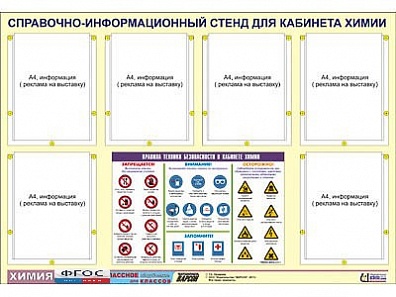 СТЕНД "ПРАВИЛА ТЕХНИКИ БЕЗОПАСНОСТИ В КАБИНЕТЕ ХИМИИ", 4 КАРМАНА